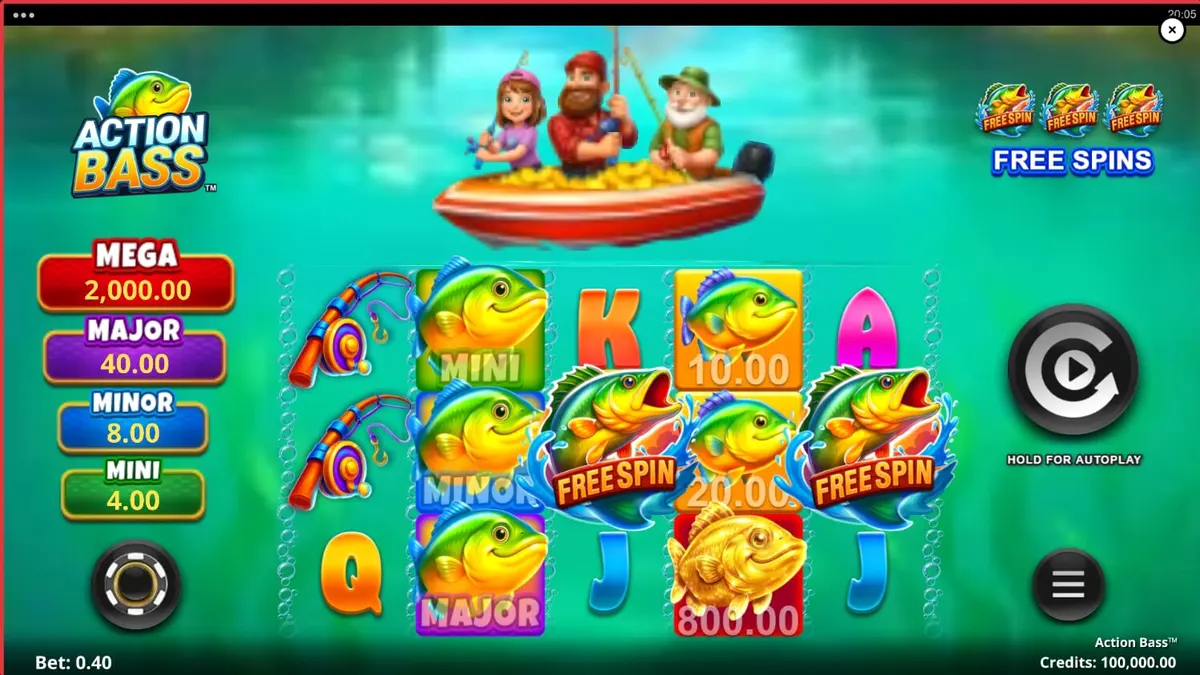 Tampilan visual slot Action Bass dengan tema memancing dan suasana danau yang tenang.